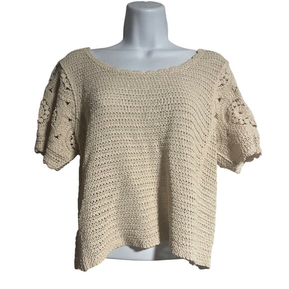 Solitaire Womens Crochet Knit Crop Top Size Small Ivory Floral Boho - Picture 1 of 8
